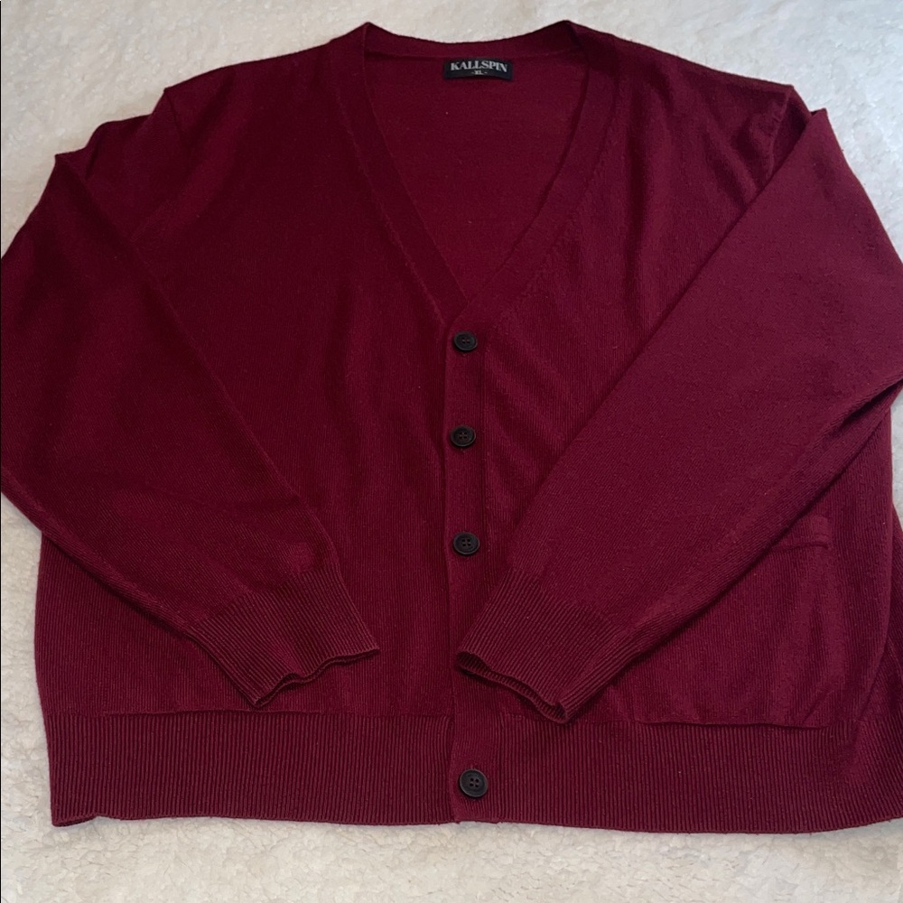 Men's Burgundy Cardigan V Neck Button Down Sweater. Cashmere and Wool Blend. LG